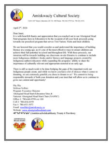 Head Start donation agreement letter with author Janet Hamilton.